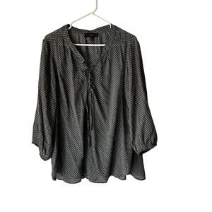 Fred David Blouse‎ Womens 1X Gray White Polka Dot Long Sleeve Lace Up Top Plus